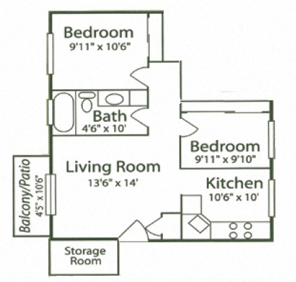 Floor plan for 2 beds, 1 bath, 765 sqft